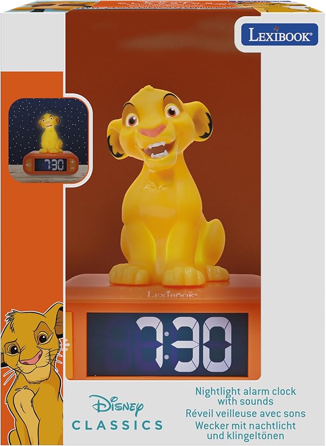 LEXiBOOK, Disney The Lion King, Simba Nightlight Alarm Clock, Sounds and Melodies, LCD Backlit Screen, Luminous, Snooze, Yellow/Orange, RL800AN