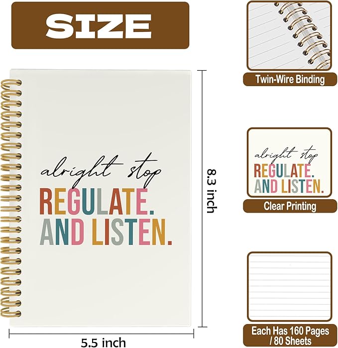 CUANFDDSF Mental Health Notebook, Mental Health Therapy Journal Notebooks for Women, Counselor Gifts for Women,School Supplies, Alright Stop Regulate and Listen Hardcover Spiral Notebook 5.5x8.3 Inch