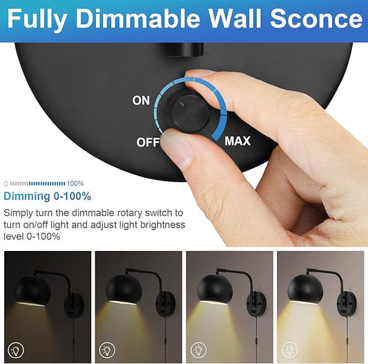 Dimmable Wall Sconces Set of 2, Plug in Wall Sconces Swing Arm Wall Lights with Plug in Cord and Dimmer On/Off Knob Switch, Black Globe Wall Light for Bedside Bedroom Bathroom(2 Bulbs Included)