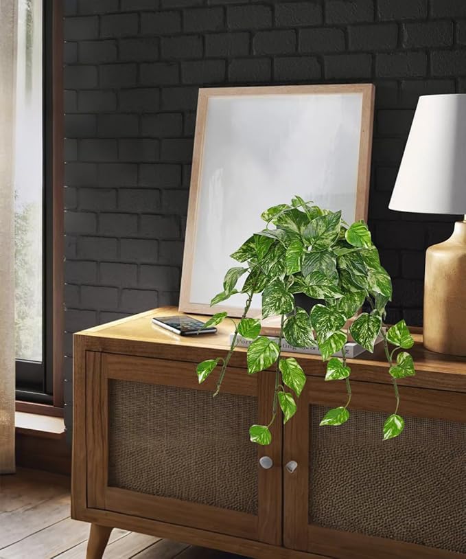 Hollyone Artificial Hanging Pothos Plants Potted Fake Ivy Faux Pothos Vine Leaves Hanging Greenery Plant in Black Pot for Home Indoor Tabletop Bedroom Patio Shelf Office Decor