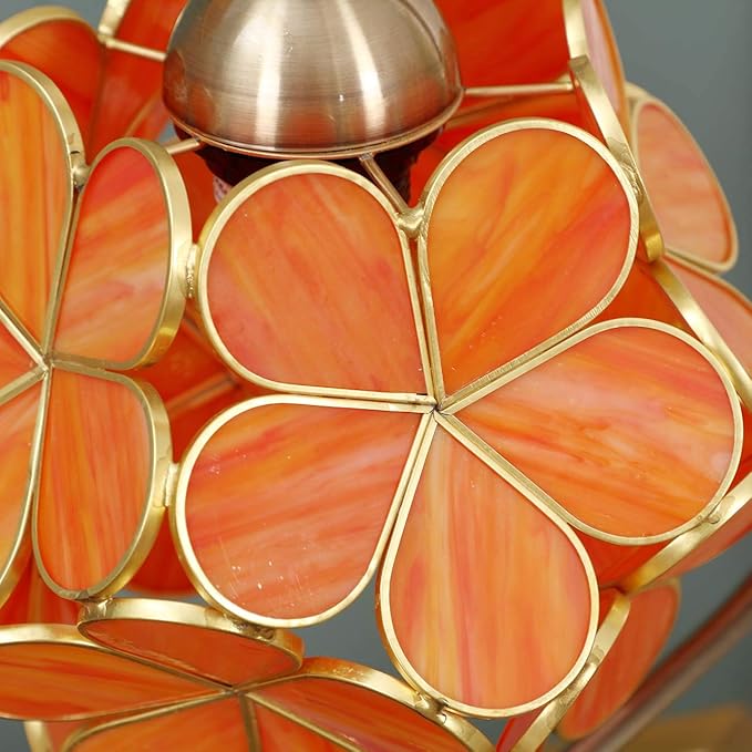 Bieye L10753 Tiffany Style Stained Glass Flower Petal Table Lamp with Brass Base for Home Décor (Orange, 8" Cherry Blossom)
