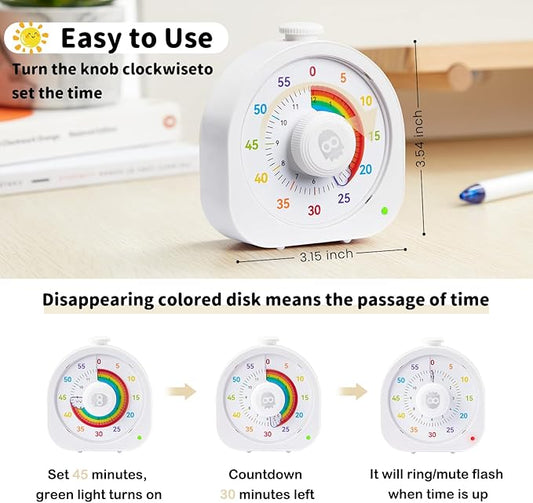 Visual Timer for Kids – 60min/12h Rainbow Magnetic Timer for Classroom, Rechargeable Silent Countdown Timer with Pomodoro Mode, ADHD Time Management Tool