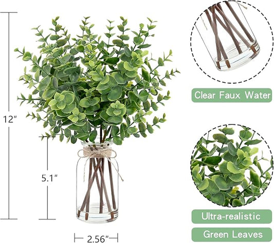 Artificial Eucalyptus Stems in Glass Vase with Faux Water,Artificial Plants Eucalyptus Leaves for Shelf Desk Bathroom Farmhouse Room Coffee Table Home Decor, Central Decoration.