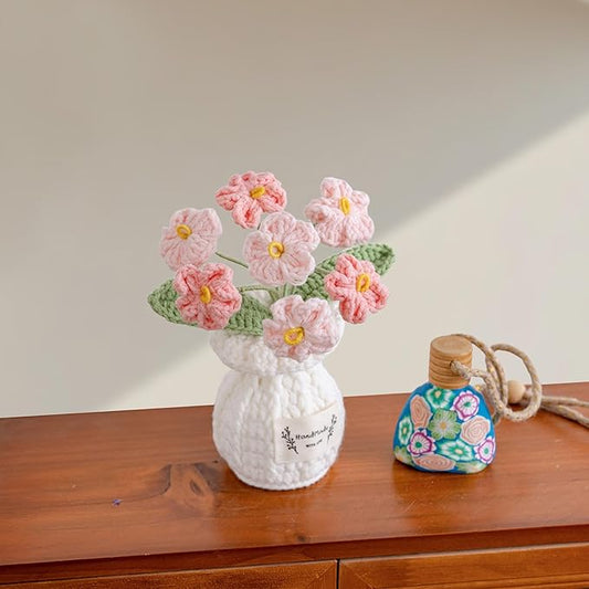 Handmade Crochet Flowers, 5 Inches Small Potted Plants, Knitted Desk Decorations for Home Office Decor (Forget-Me-Not)