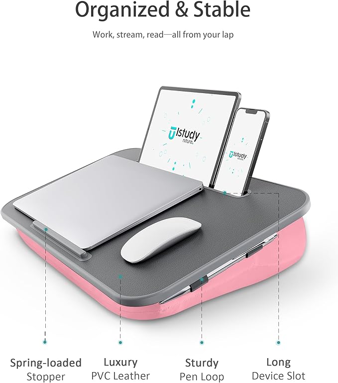 Lap Desk with Washable Cushion – Fits up to 17-In Laptops – Portable Laptop Desk & Stand – Bed desks & Tray for Writing, Reading, Working, Gaming on Bed, Couch, Floor – Istudyniture - Large, Rose Pink