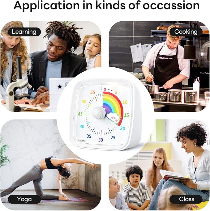Yunbaoit Visual Timer with Night Light, 60-Minute Rainbow Countdown Timer for Kids and Adults, Time Management Tool for Home, School, Kitchen, or Office (White)