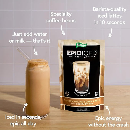 Matchabar Epic Iced Instant Latte Powder | Shaken Brown Sugar Espresso w/Oat Milk Base | Low Sugar, Non-Diary & Vegan Instant Iced Coffee Powder | Barista-Quality Creamy Latte Mix | 10 Servings