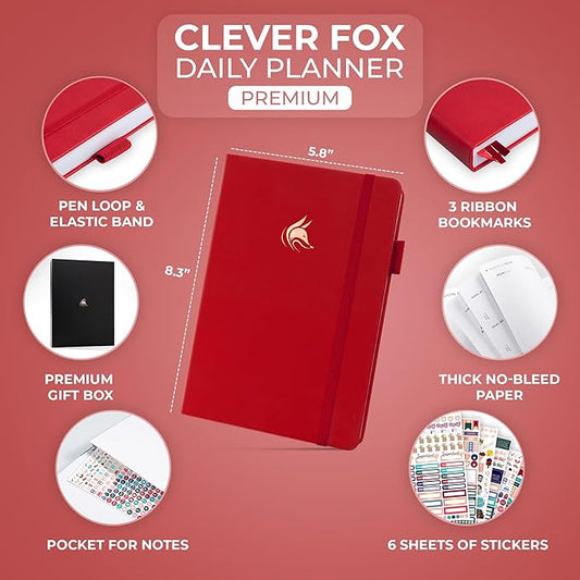Clever Fox Planner Daily Premium – Undated Daily Planner with Hourly Schedule, Personal Organizer, Productivity Journal, 6 Months (Red)