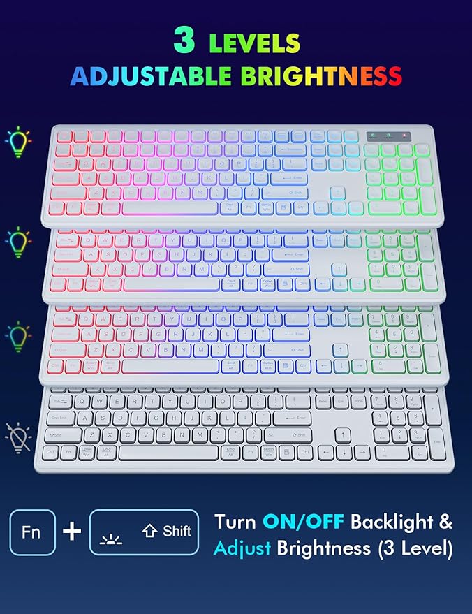 Wireless Keyboard and Mouse - RGB Backlit, Rechargeable & Light Up Letters, Full-Size, Ergonomic Tilt Angle, Sleep Mode, 2.4GHz Quiet Keyboard Mouse for Mac, Windows, Laptop, PC, Trueque(White)