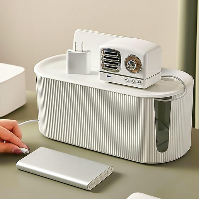 Cable Management Box,Desk Cord Organizer with Groove Cover,Plastic Cord Hider Box,Large Cable Box Organizer,Power Socket Management for TV/Computer/Router/Games Console Cable Storage (White)