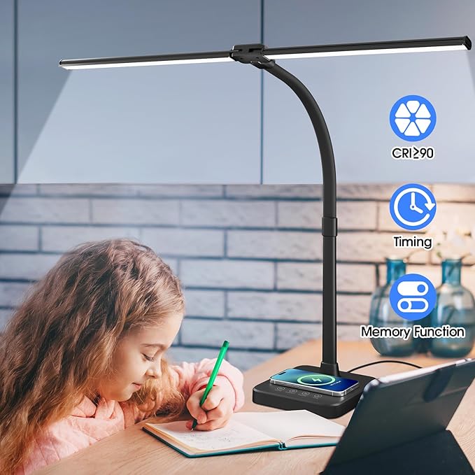 ShineTech LED Desk Lamp for Home Office, 24W Double Head Desk Light with Wireless Charging, USB Port, Adjustable Gooseneck Lamps, 5000K Daylight White