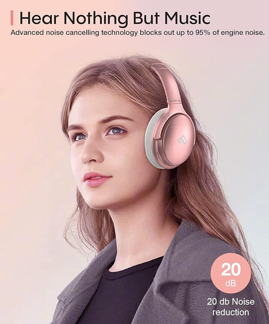 INFURTURE Rose Gold Active Noise Cancelling Headphones with Microphone Wireless Over Ear Bluetooth Headphones, Deep Bass, Memory Foam Ear Cups, Quick Charge 90H Playtime, for Travel/Sports/Audiobooks