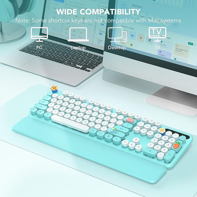 Wireless Keyboard, Round Keycaps, Retro Typewriter Keyboard with Detachable Wrist Rest, Sleep Mode, Foldable Legs, 2.4GHz Full-size Cordless Computer Keyboard for Windows/PC/Laptop (Robin Egg Blue)