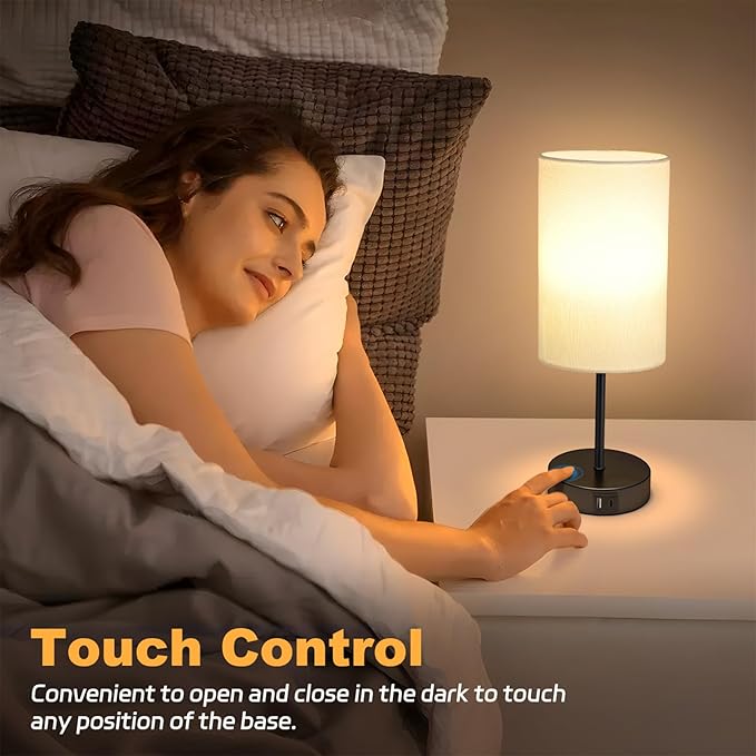 AKASUKI Table Lamp for Bedroom, 3 Way Dimmable Touch Lamp with Dual Charging Station, Small Bedside Lamps for Night Stands, Living Room, Office(LED Bulb Included)