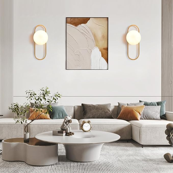 Gold Wall Lamp Sconces Set of 2 with White Globe Glass Shade - Living Room & Bedroom Wall Lights