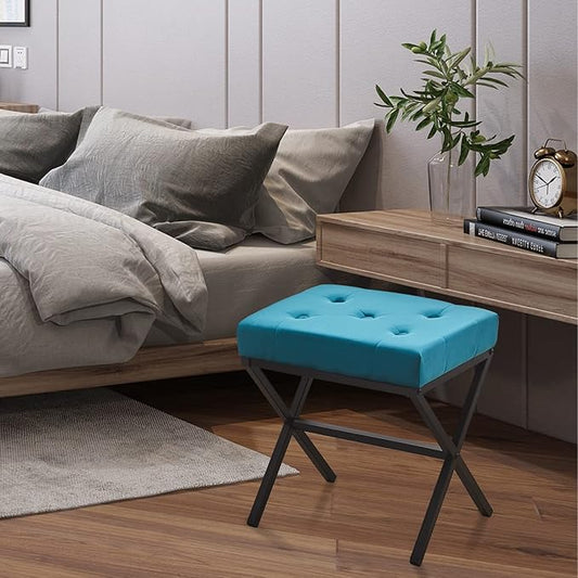 Wimarsbon Ottoman Foot Stool Tufted Vanity Stool Ottomans Thickened Cushion Footstool Mulifunctional Shoe Changing Seat Step Stools with Metal X Leg for Living Room Bedroom Velvet Teal