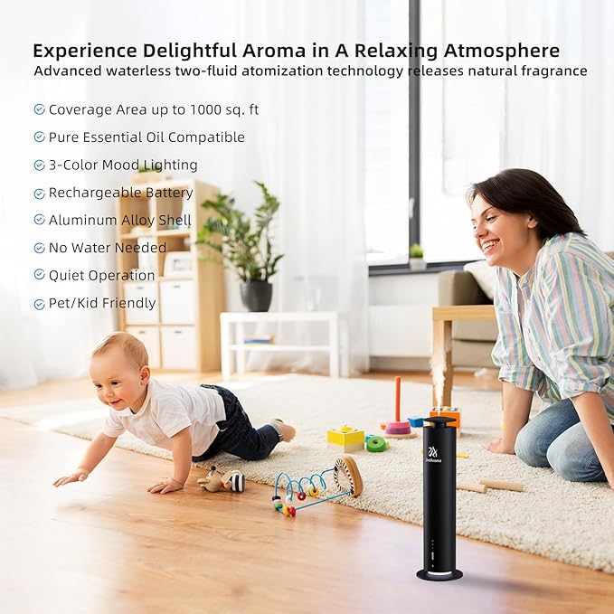 Waterless Scent Diffuser Starter Kit, Diffusers for Home Office Hotel 1000 Sq Ft Coverage, Cordless Essential Oil Diffuser Large Room with 3 Mood Lights, 3 Scent Oils, App Control, Black