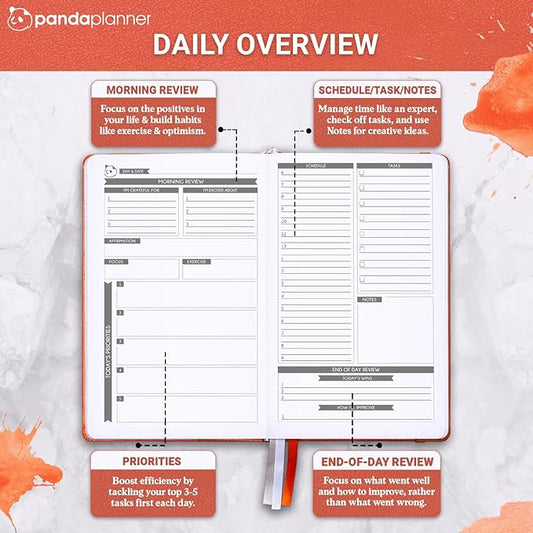 Panda Planner Daily Planner 2025-2026 – Classic Undated Productivity Planner & Hourly Schedule Notebook – Day Planner for Focus & Goals – Orange