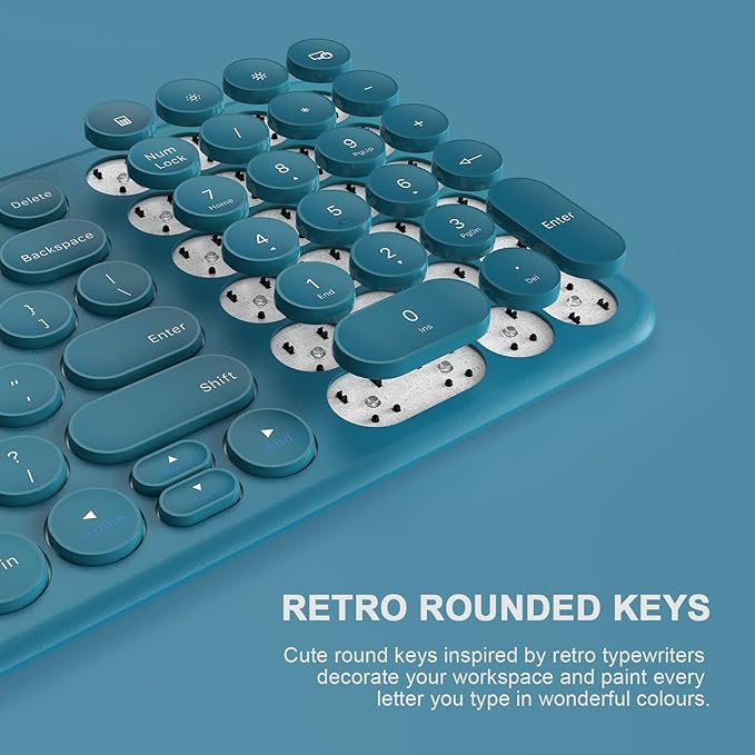 XTREMTEC Slim Wireless Keyboard and Mouse Combo, 2.4G USB Quiet Low-Profile Retro Round Typewriter Computer Keyboard and Ergonomic Mouse Set for Laptop/PC/iMac/Computer,PlugandPlay (Navy Blue)
