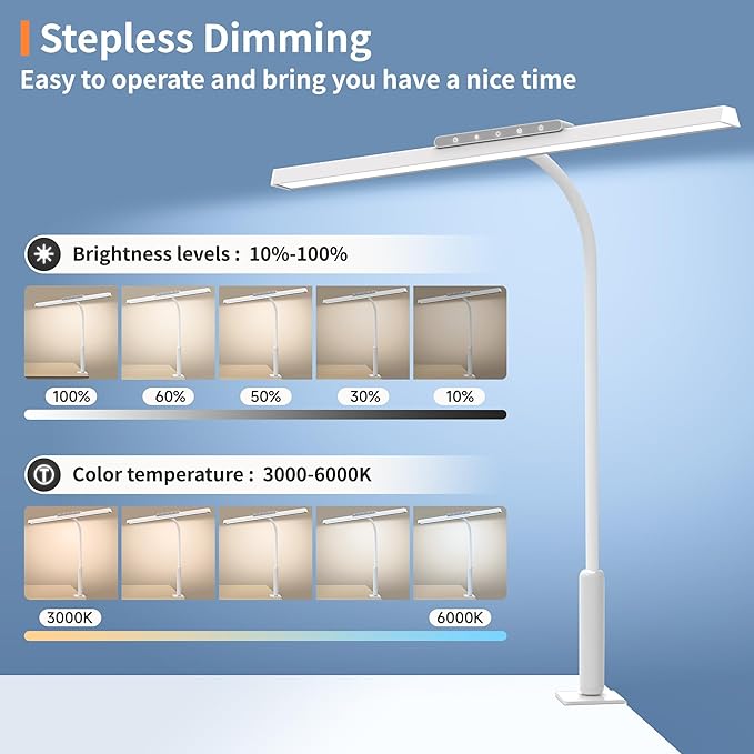 Desk Lamp, 3 Colors Stepless Dimming LED Desk Lamps for Home Office Adjustable Memory Desk Light with Clamp Touch Control Office Lamp Eye Caring Computer Light for Working Sewing(White)