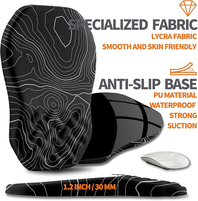 Ergonomic Slope Mouse Pad Wrist Support, Wrist Rest Mousepad for Carpal Tunnel Pain Relief with Massage Bulge and Slow Rebound Memory Foam (12x8 inch, Black Contour Lines)