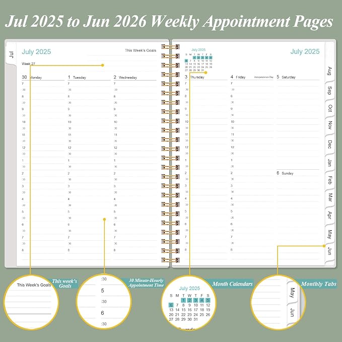 2025-2026 Appointment Book & Planner - Hourly Planner from July 2025 - June 2026, Weekly Appointment Book 2025-2026 with 30-Minute Interval, 6.4" x 8.5", Teal