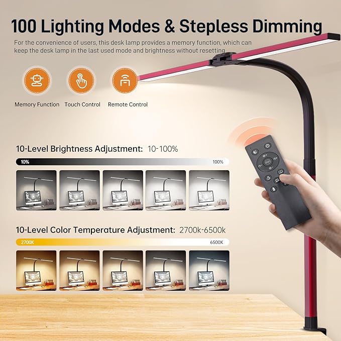 LED Desk Lamp for Home Office, Eye-Caring Desk Light with Clamp, 24W Double Head Architect Task Lamp Stepless Dimming, Flexible Gooseneck Bright Table Lamp for Study Reading Workbench Drafting Red