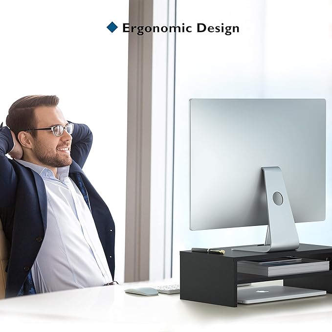 BONTEC Wooden Monitor Stand Riser, 2-Tier Desk Shelf with Storage Organizer, Ergonomic Computer Stand with Cable Management, Cellphone Holder, Black, 16.5 Inch