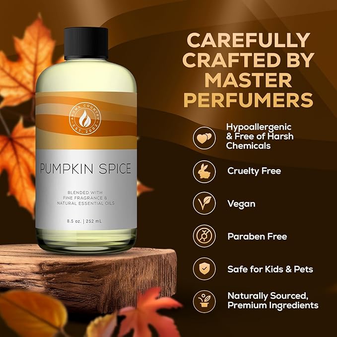 Aroma Country Pumpkin Spice Diffuser Oil - Luxury Essential Oils for Diffuser Refill & Air Freshener Room Spray, Long-Lasting, Natural Home Fragrance for Diffusers & Machines (4 Fl Oz)