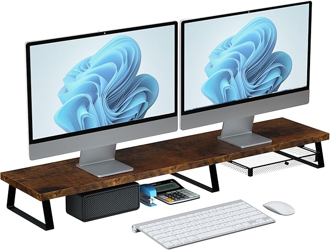 Vintage Wooden Dual Monitor Stand - 2 Monitor Riser with Metal Legs & Drawer, Office Desk Organizer