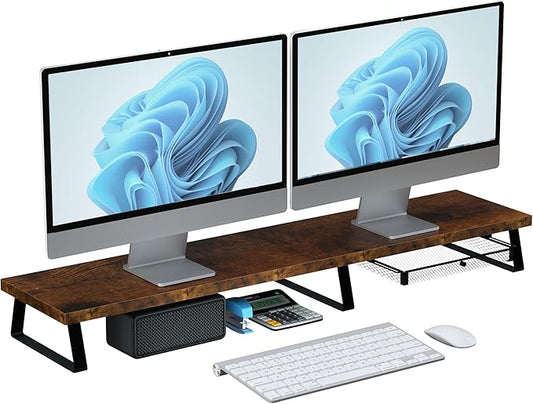 Vintage Wooden Dual Monitor Stand - 2 Monitor Riser with Metal Legs & Drawer, Office Desk Organizer