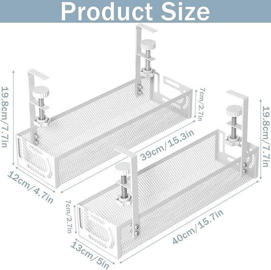 Cable Management, 2 Pack Cable Management Under Desk No Drill, Metal Cord Organizer with Clamp for Standing Desk, Cable Organizer for Home Office, White