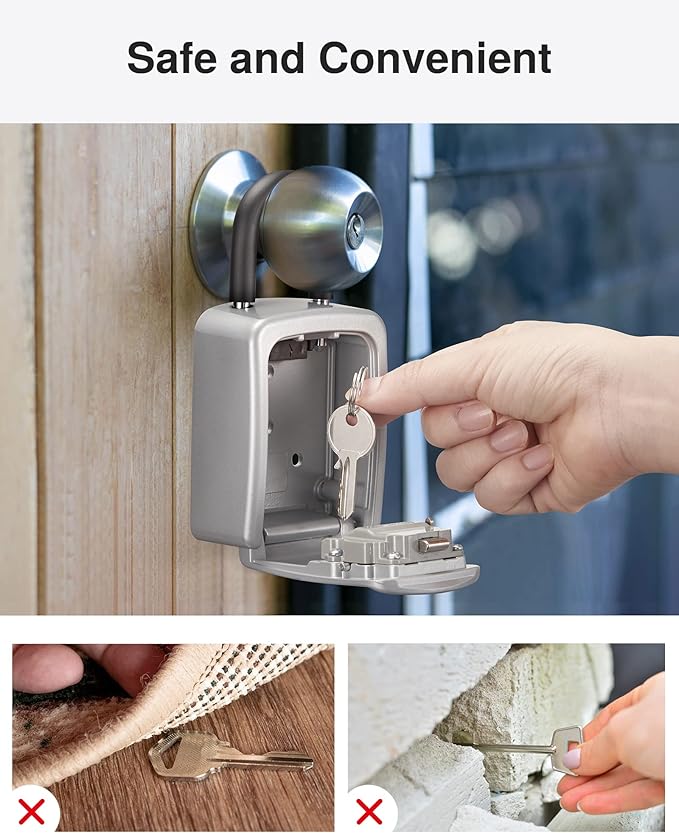 Puroma Key Lock Box, 4-Digit Combination Key Storage Lockbox, Portable Wall Mounted Security Lockbox with Code for Home, Flats, Realtors Garage Spare Keys (1 Pack, Silver)