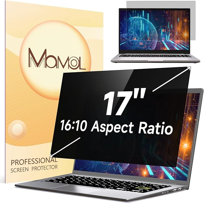 Mamol Laptop Privacy Screen 17 Inch for 16:10 Widescreen Display, Anti Blue Light Glare Filter, Removable Screen Shield, Anti-Scratch Screen Protector