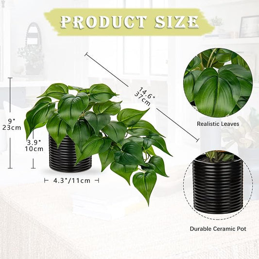 Hollyone Artificial Plants Potted Fake Plants in Black Ceramic Pot Faux Pothos Plants Indoor for Home Living Room Shelf Office Aesthetic Decor