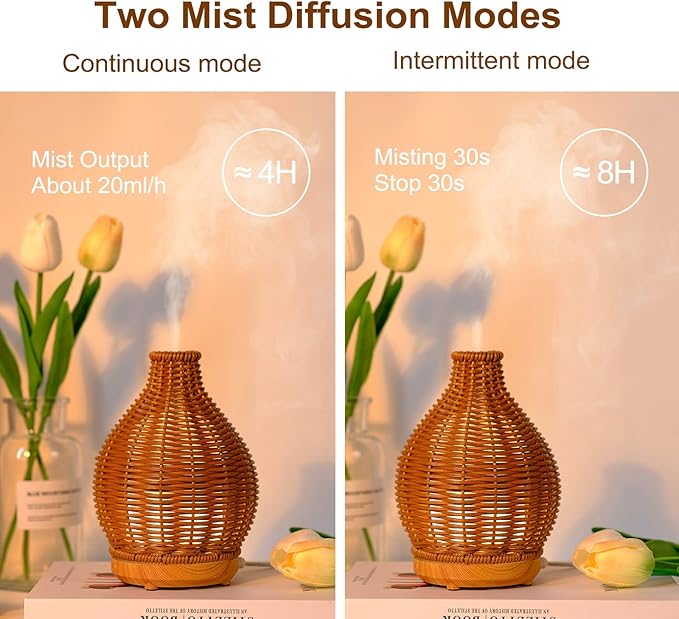 Rattan Woven Essential Oil Diffuser, Aroma Humidifier with Timer and Waterless Auto-Off, 80ML Ultrasonic Aromatherapy Diffuser with Warm Light for Office and Home