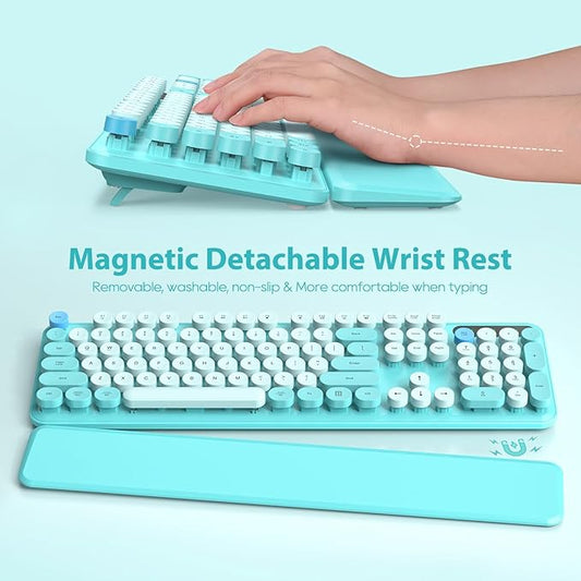 Wireless Keyboard and Mouse Combo, Full-Size Retro Typewriter Keyboard with Detachable Wrist Rest, Round Keycaps, Sleep Mode & Tilt Legs, 2.4GHz Cordless Connection for Windows/PC (Robin Egg Blue)