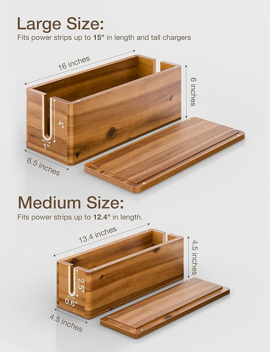 Acacia Large Cable Management Box - Set of 2 Cord Box Hider for Home, Office - Cable Hider Box, Surge Protector Box for TV Wires, Computer - Power Strip Box with 2 Open Slots, Magnetic Lid