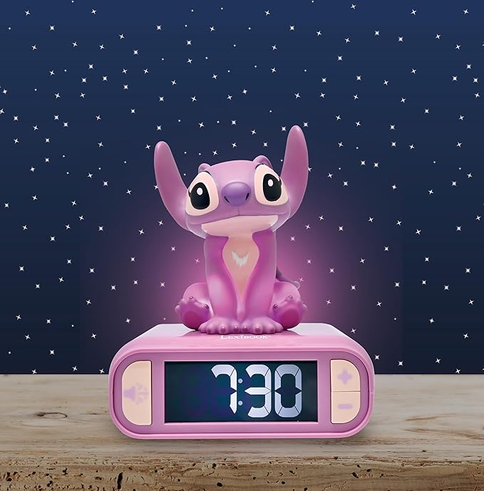 LEXiBOOK, Disney Stitch, Angel Night Light Alarm Clock, Sounds and Melodies, Backlit LCD Screen, Luminous, Snooze, Pink, RL800D1