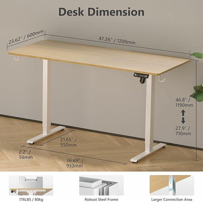 48 x 24 inch Electric Standing Desk Adjustable Height with 4 Wheels, 4 Memory Height Settings, 2 Headphone Hook, Home Office Desk, Splice Board Oak