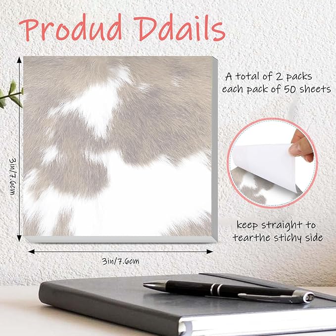 Sticky Notes 3x3 Inches, 2 Pads Cute Colorful Self-Stick Note Pads, Easy to Post for Home, Office and Daily Life Organization Retro Cowhide