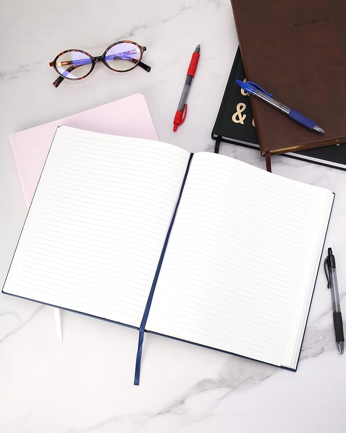 Eccolo Large Lined Journal Notebook, Hardbound Cover, Writing Journal, 256 Ruled Ivory Pages, Ribbon Bookmark, Lay Flat, Desk Size, Make Yourself A Priority (Navy Blue, 8x10 inches)