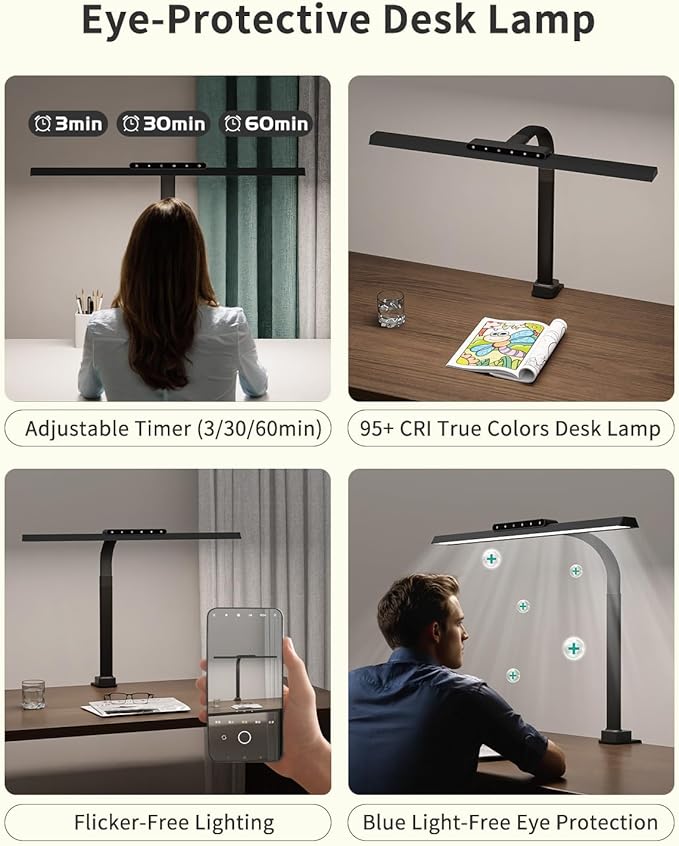 LED Desk Lamps for Home Office, 24W Bright Eye-Caring Light with Clamp, Stepless Dimming Adjustable Flexible Gooseneck Clip on Desk Office Lamp with Adapter for Reading, Study, Workbench,Black