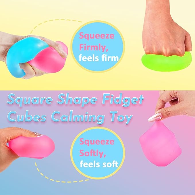 4Pcs Stress Cube Squishy Toys, Slow Rising Ice Cube Stress Balls, Sensory Fidget Toys for Anxiety Relief, Sensory Ice Nee Cube Gel Filled Squishy Ball Toys for Kids Adults(Green, Blue, Purple, Pink)