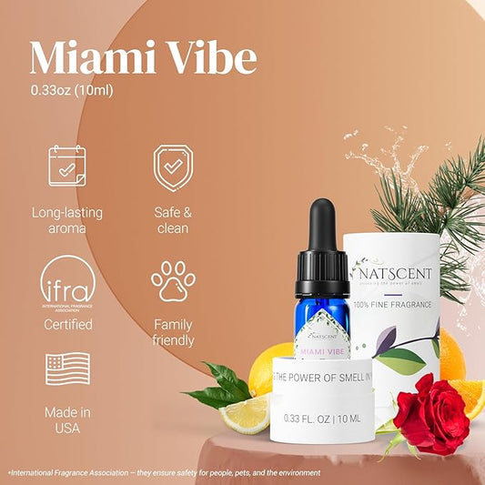 Miami Vibe Essential Oils for Diffusers for Home, Nature-derived Essential Oils, Long-Lasting & Family-Friendly Diffuser Oils Scents, IFRA Certified, Cold Air & Ultrasonic - 0.33 oz