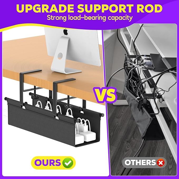 Under Desk Cable Management Tray, REFLYING 14.6" Cable Management Under Desk No Drill,Adjustable Clamp Cord Wire Organizer, Cord Hider for Standing Table, Wire Hider for Office,Home (Small)