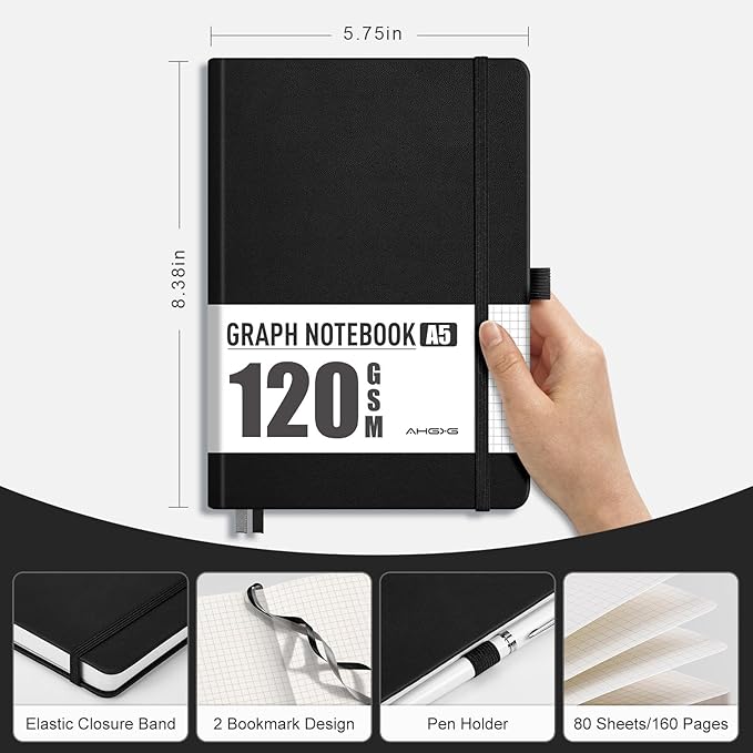 AHGXG Graph Paper Notebook - Grid Notebook Journal A5, 120 GSM Thick Graph Paper, 160 Pages, Leather Hardcover, for Graphing, Writing, Math, Engineering, 5.75'' × 8.38''- Black