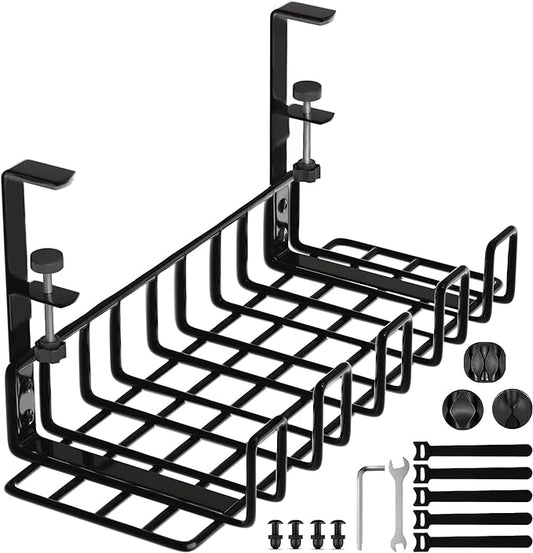 Under Desk Cable Management Tray, 16” No Drill Cord Organizer with Clamps for Wire Management, 4mm Sturdy Wire Desk Cable Organizer Tray, Cable Management Rack for Office