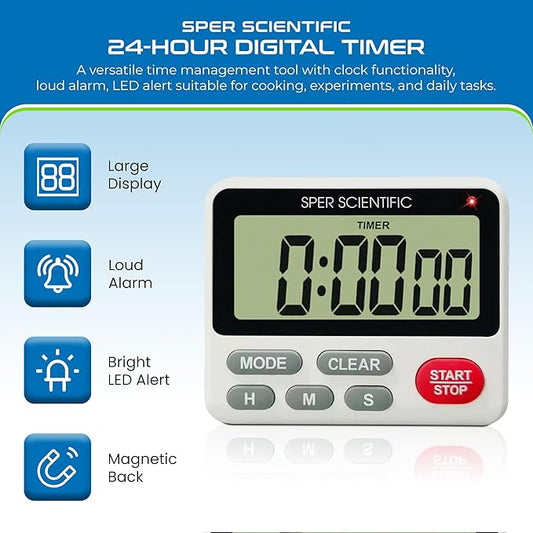Sper Scientific 24-Hour Digital Lab + Kitchen Timer with LED Light 810001 - Precision Countdown Timer with Large Display, Loud Alarm & Clock Mode - for Cooking, Lab Experiments & More - 2 pc
