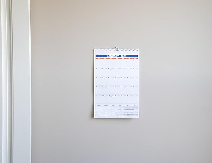 2026 Wall Calendar - January 2026 - December 2026, 12 Monthly Hanging Calendar, 2026 Planner, Size 11" x 17", Spiral Binding, Holidays, Julian Dates, Large Blocks, Twin-Wire Binding, Hanging Hook (2 Pack)